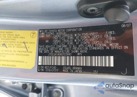 2008 Toyota Highlander z USA, uszkodzony, nr VIN JTEES41A082023840